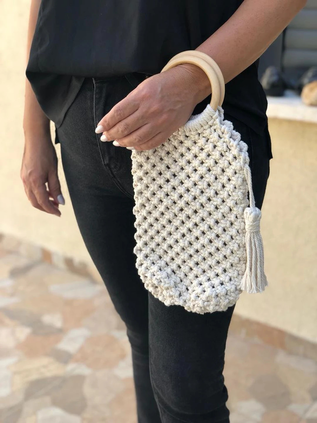 Handmade Natural cream Hand Macrame Bag With Tassel  And Handle | Etsy (US)
