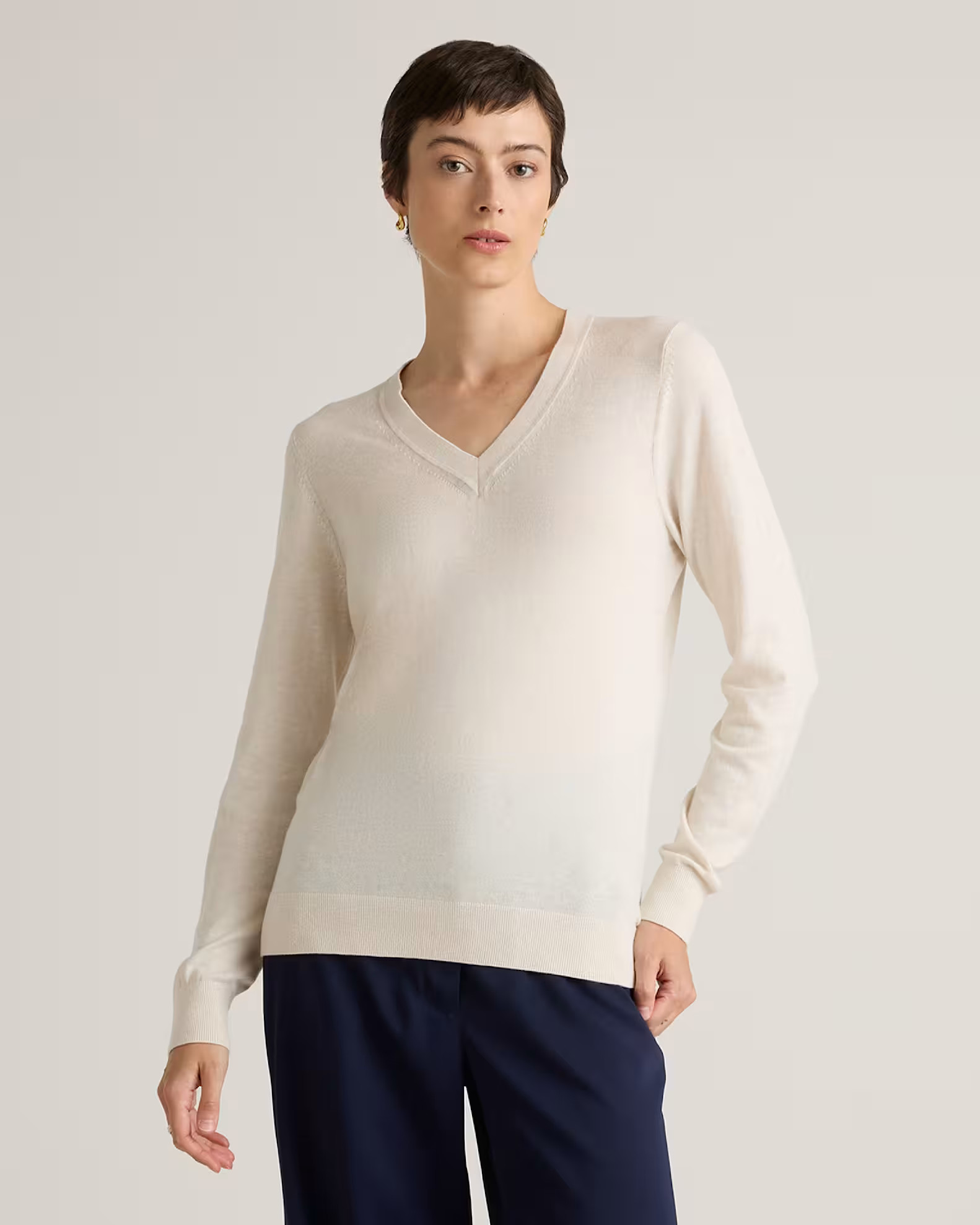 Lightweight Cotton Cashmere V-Neck Sweater in Heather Bone | Quince