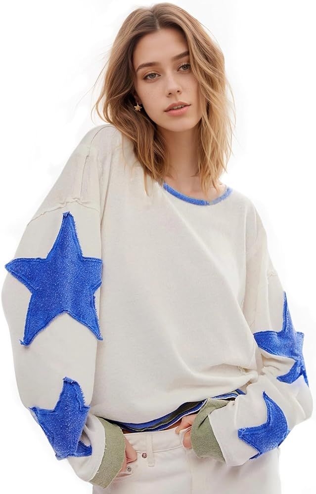 Women Cotton Oversized Sweatshirt Long Sleeve Crewneck Hoodies Free A Star Tee Shirts 2024 Fall P... | Amazon (US)