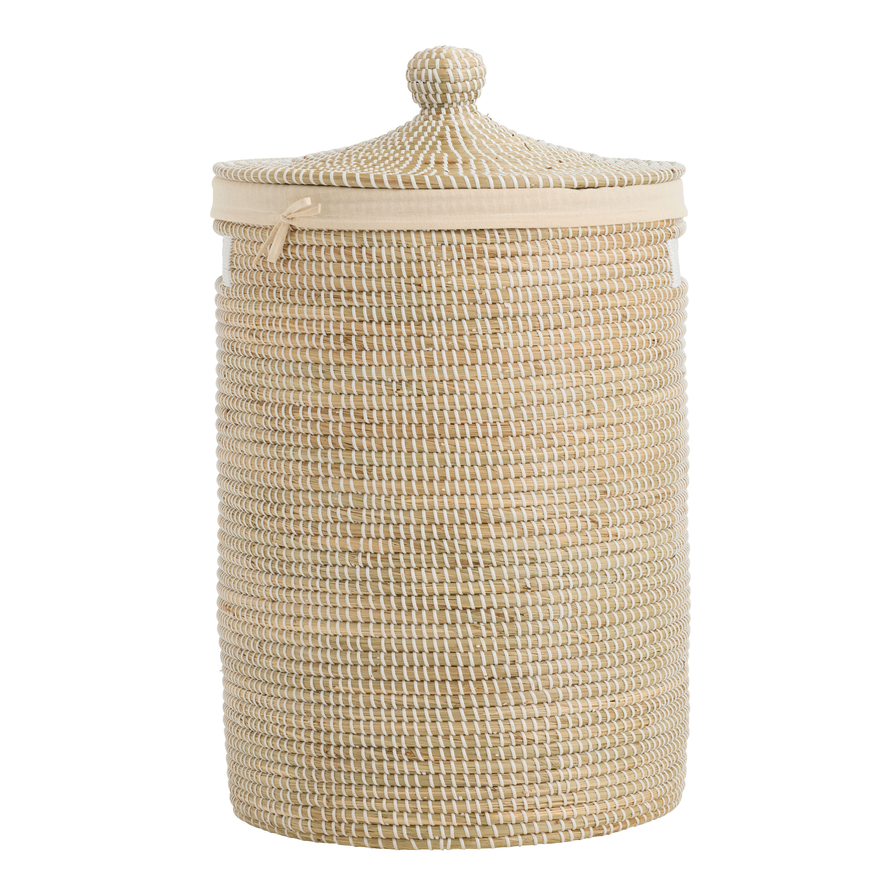 Adira Round White and Natural Seagrass Laundry Hamper with Liner | World Market