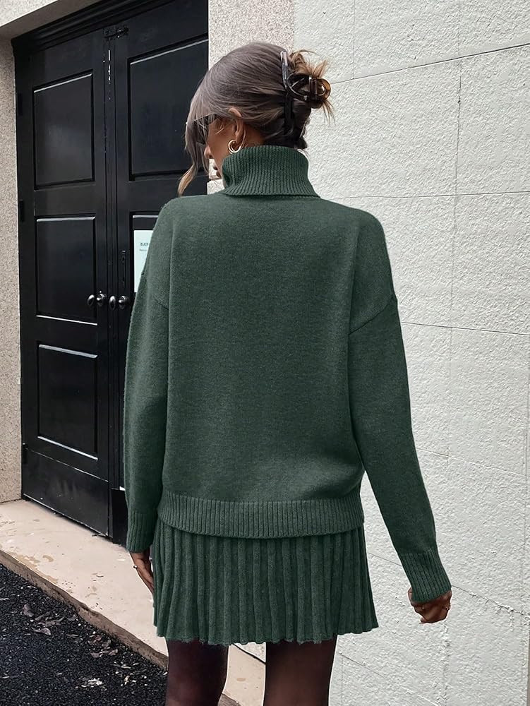 Womens Sweater Dress 2pcs Women High Neck Drop Shoulder Long Sleeve Solid Color Knit Sweater Set | Amazon (US)