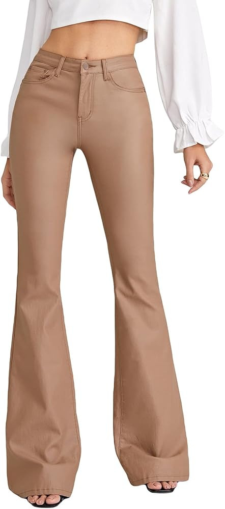 WDIRARA Women's Slant Pocket Straight Leg High Stretch Jeans Leather Look Long Pants | Amazon (US)