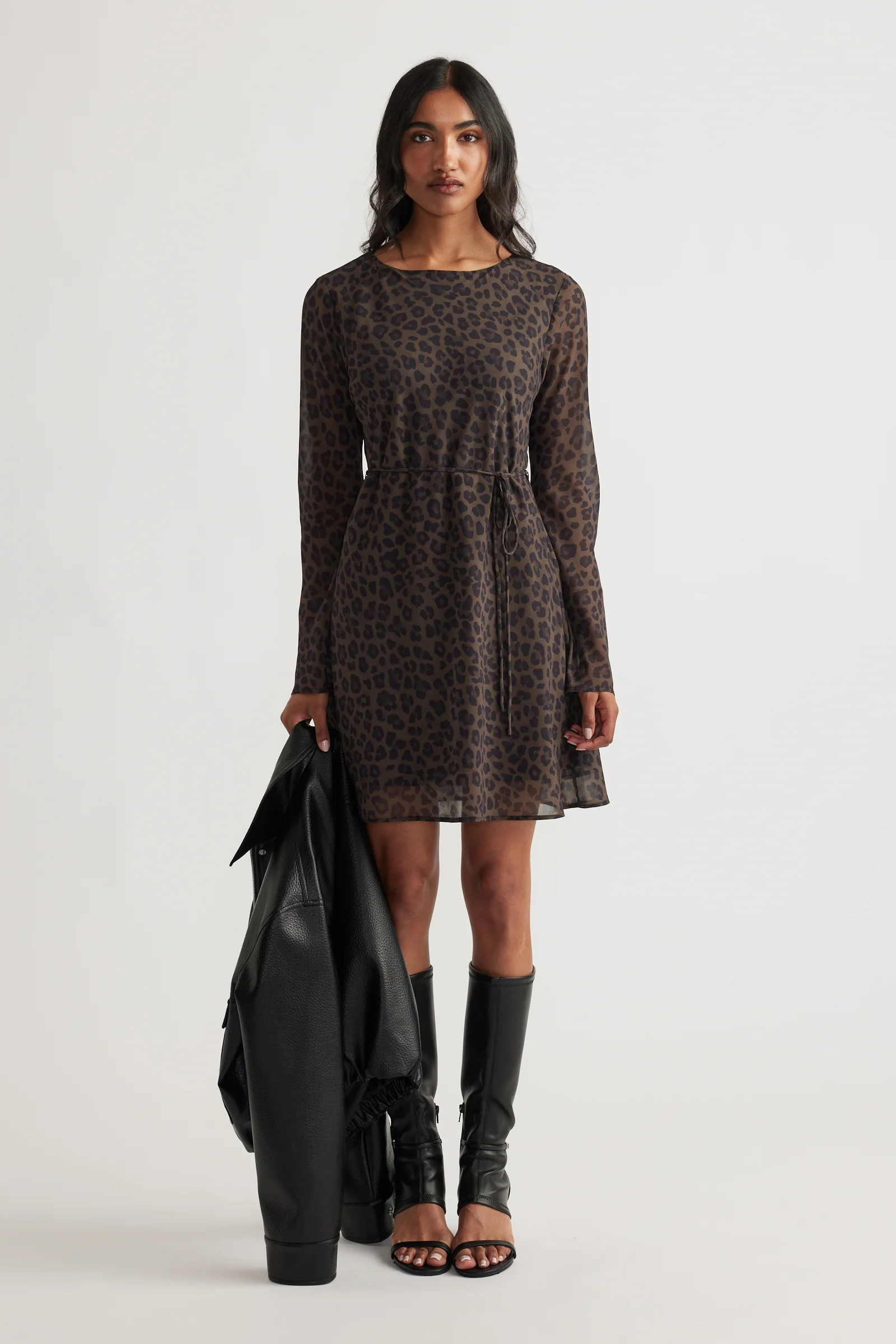 Chelsea Georgette Mini Dress - Khaki Ocelot | DECJUBA