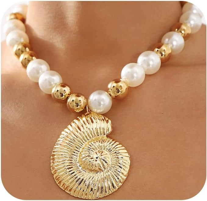 Chunky Gold Pearl Conch Statement Necklace Exaggerated Large Round Balls Beaded Choker Seashell C... | Amazon (US)