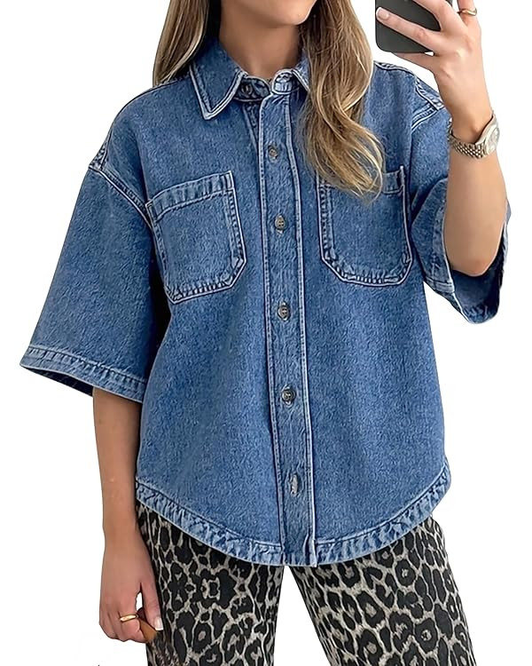 Kedera Women's Denim Shirt Casual Button Down Short Sleeve Jean Shirts Casual Top Outfits Trendy | Amazon (US)
