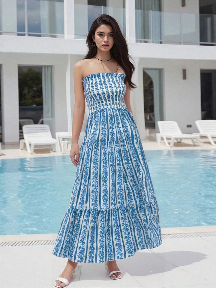 Strapless Dress For Women Ruffled Trim Flower Plant Pattern Sleeveless Tube Smocked Long Dress | SHEIN