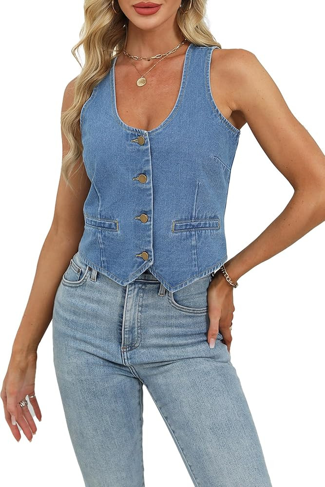 Womens Denim Vest Sleeveless Cropped V neck Jean Vest Casual Y2K Button Down Suit Waistcoat Tops | Amazon (US)