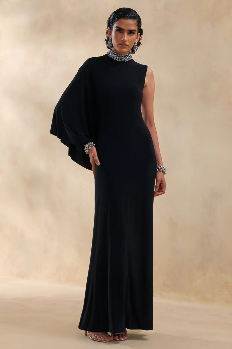 Oriana  Black Embellished High-Neck Maxi Dress With One-Cape Sleeve | Club L London