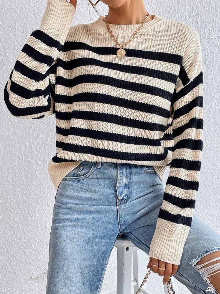 SHEIN Essnce Stripe Pattern Drop Shoulder Sweater4.90(500+) | SHEIN