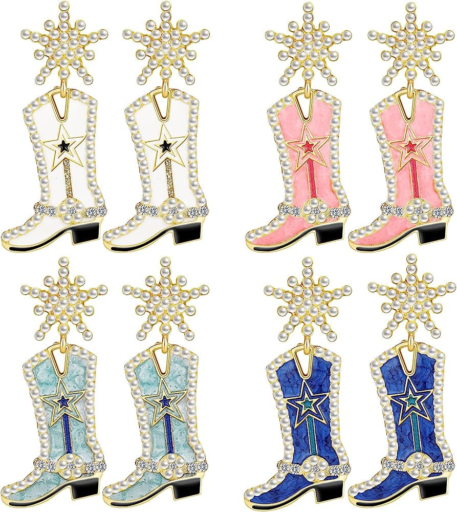 4 Pairs Beaded Cowboy Boot Earrings Snowflower Beaded Cowgirl Boot Earrings Country Y2k Western J... | Amazon (US)
