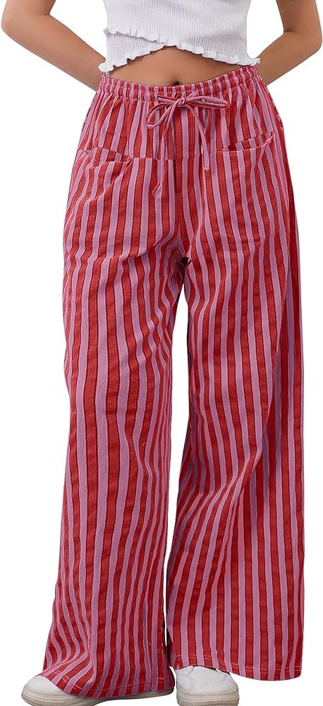 Women Loose Striped Wide Leg Pants Casual Drawstring Low Waist Pants Baggy Contrast Lounge Pants ... | Amazon (US)