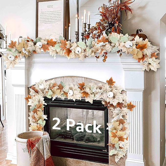 Neutral Fall Garland for Mantle Fireplace - 5.8Ft Outdoor Autumn Leaves Decor for Home Front Door... | Amazon (US)