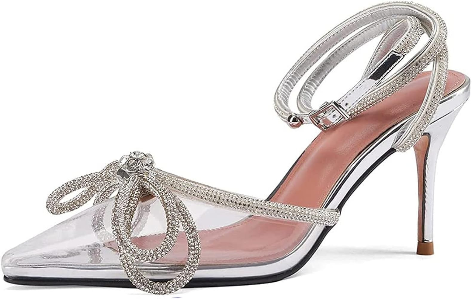 Divanne Women's Double Bow Crystal Wedding Shoes Satin Pointy Pumps Ankle Straps High Heeled Sand... | Amazon (US)