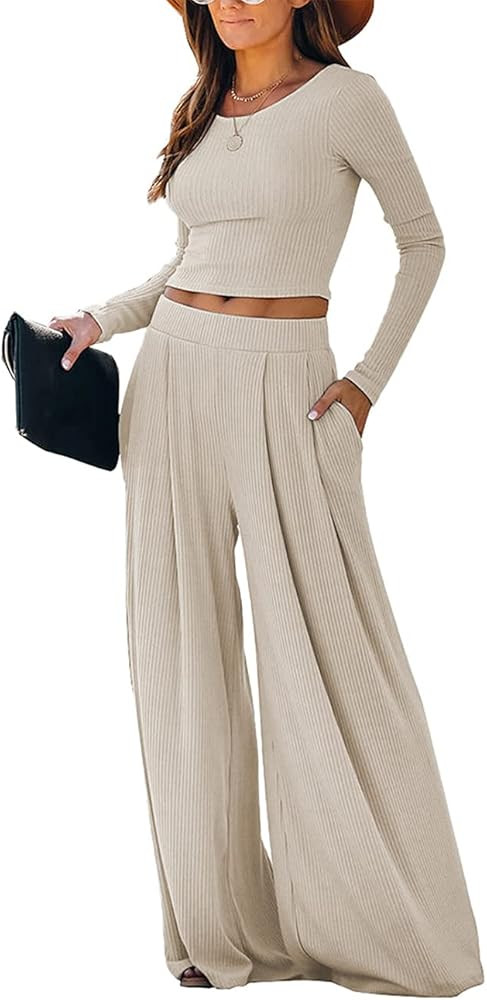 WUSENST Wide Leg Pant Suits for Women Elegant 2 Piece Solid Outfits Long Sleeve Crop Top High Wai... | Amazon (US)