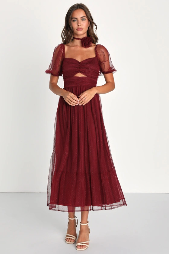 Lovely Instinct Burgundy Swiss Dot Midi Dress With Choker | Lulus (US)