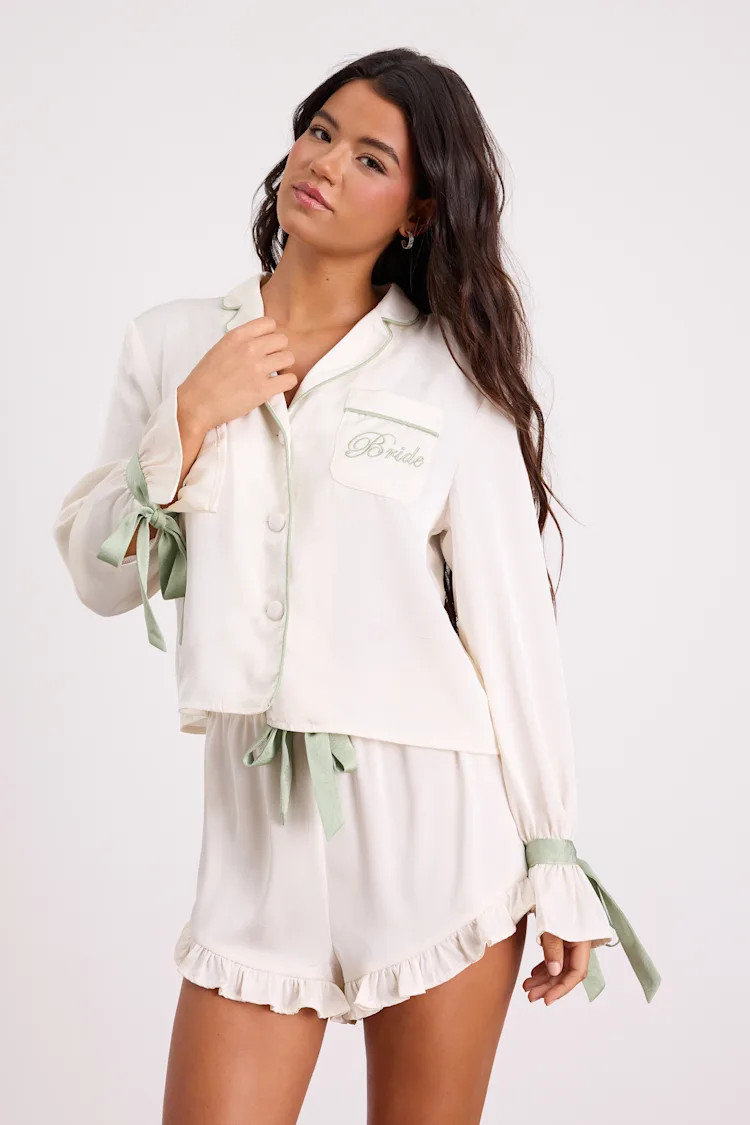 Kelda Ivory and Sage Satin Embroidered Two-Piece Pajama Set | Lulus