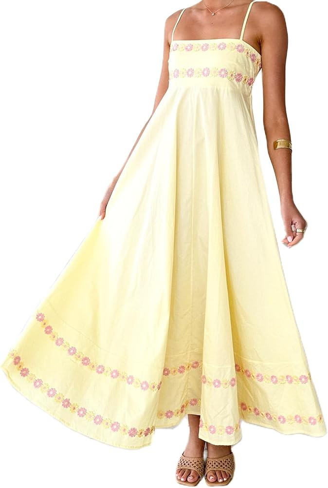 UAURORAO Women Boho Maxi Dress Smocked Wedding Guest Long Flowy Dresses Spaghetti Strap Floral Ru... | Amazon (US)