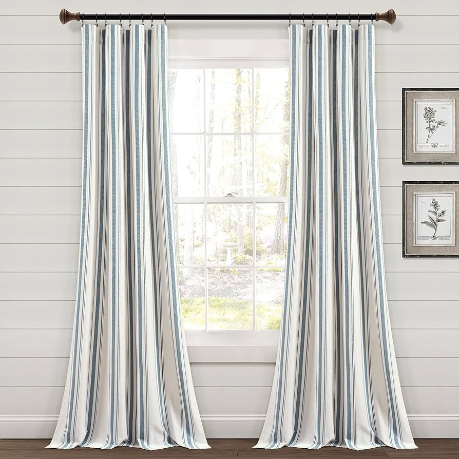 Lush Decor Farmhouse Stripe Yarn Dyed Cotton Window Curtain Panel Pair, 42" W x 84" L, Blue - Cla... | Amazon (US)
