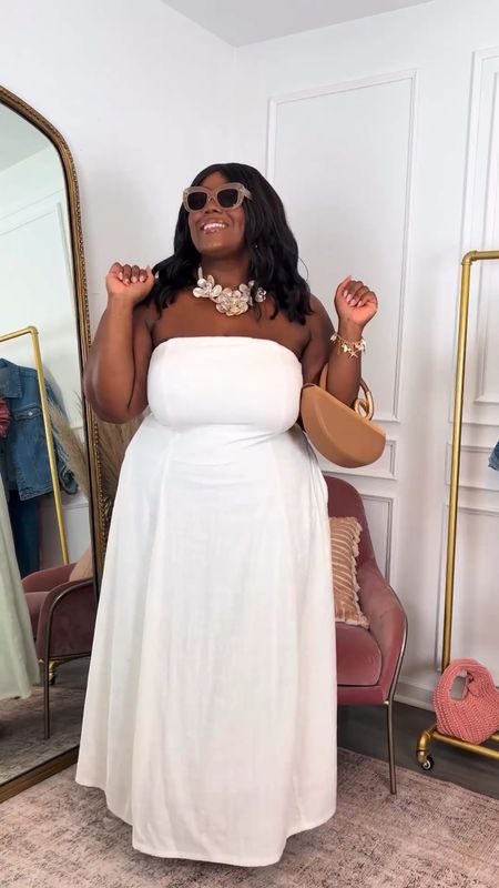 Amazon Summer Dress Find 🤍✨ Linen Strapless Maxi with Pockets ~ dressed up like this or wear with a denim jacket and white tennis shoes. 

Wearing an XXL - strapless bra also linked below. 

Pjs Size 3X 

Linen Dress, White Linen Dress, White Dresses. summer outfits, vacation outfit, wedding Guest Dress 

#LTKPlusSize #LTKFindsUnder100 #LTKStyleTip