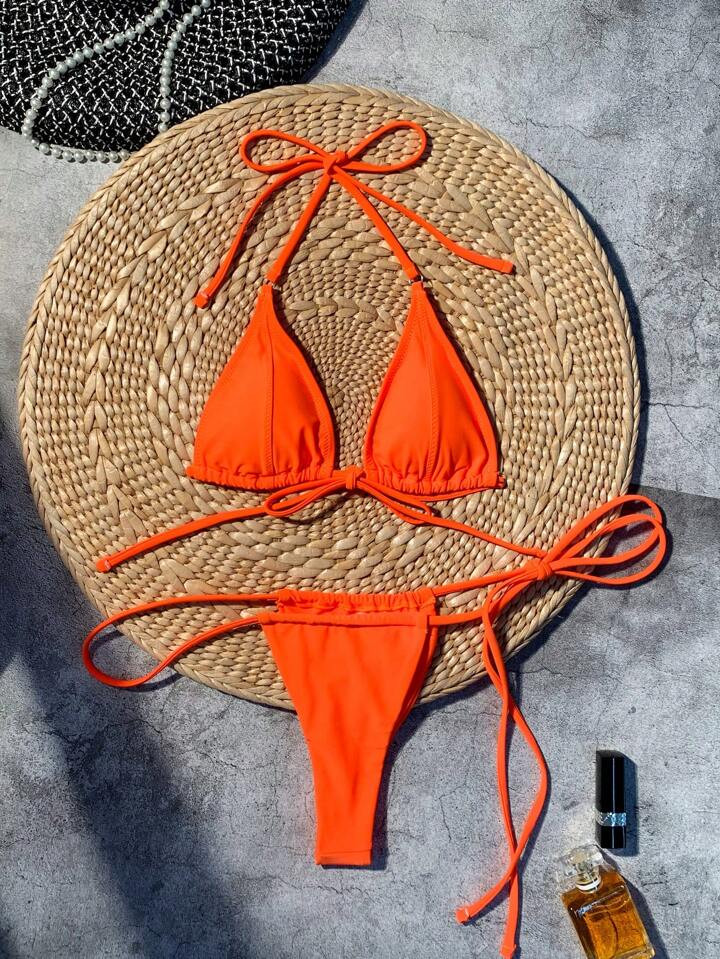 SHEIN Swim Summer Beach Halter Triangle Tie Side Bikini Set, Bathing Suit | SHEIN USA | SHEIN
