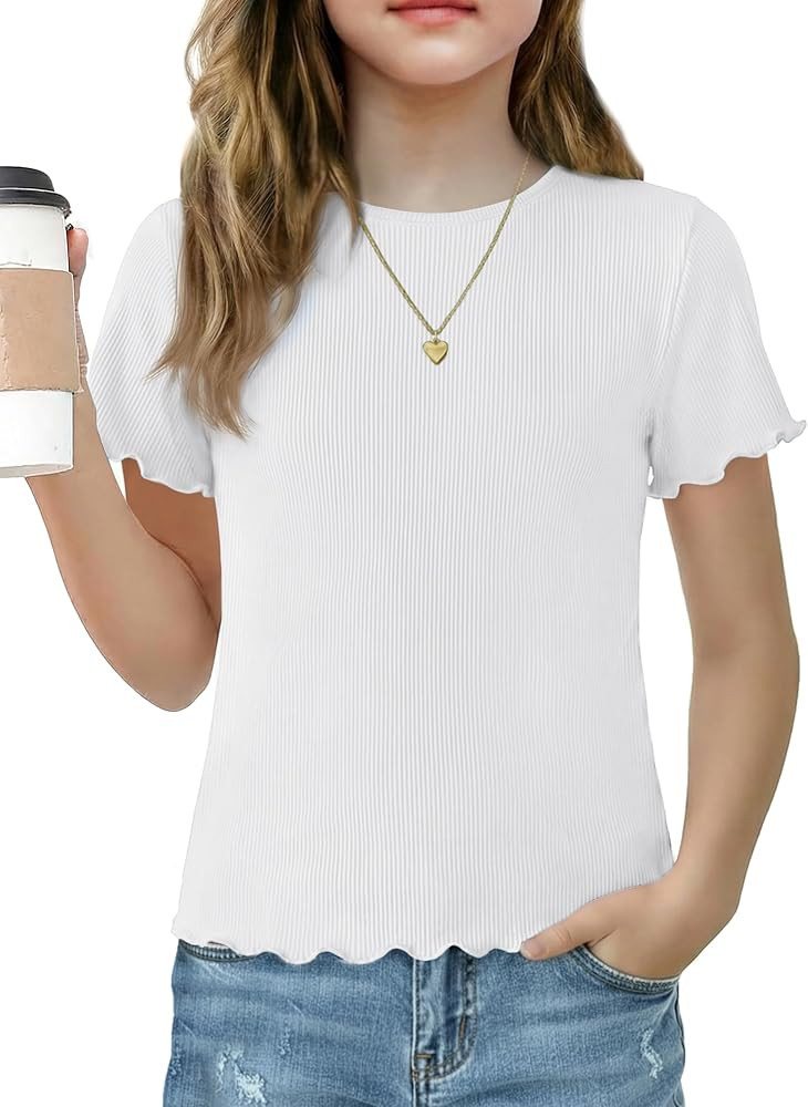 Amazon.com: Arshiner Girls Lettuce Trim Short Sleeve Shirts Summer Rib Knit Slim Fit Tops Basic T... | Amazon (US)
