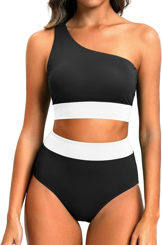 Holipick Women One Shoulder Bikini High Waisted Two Piece Swimsuits Full Coverage Bathing Suit | Amazon (US)