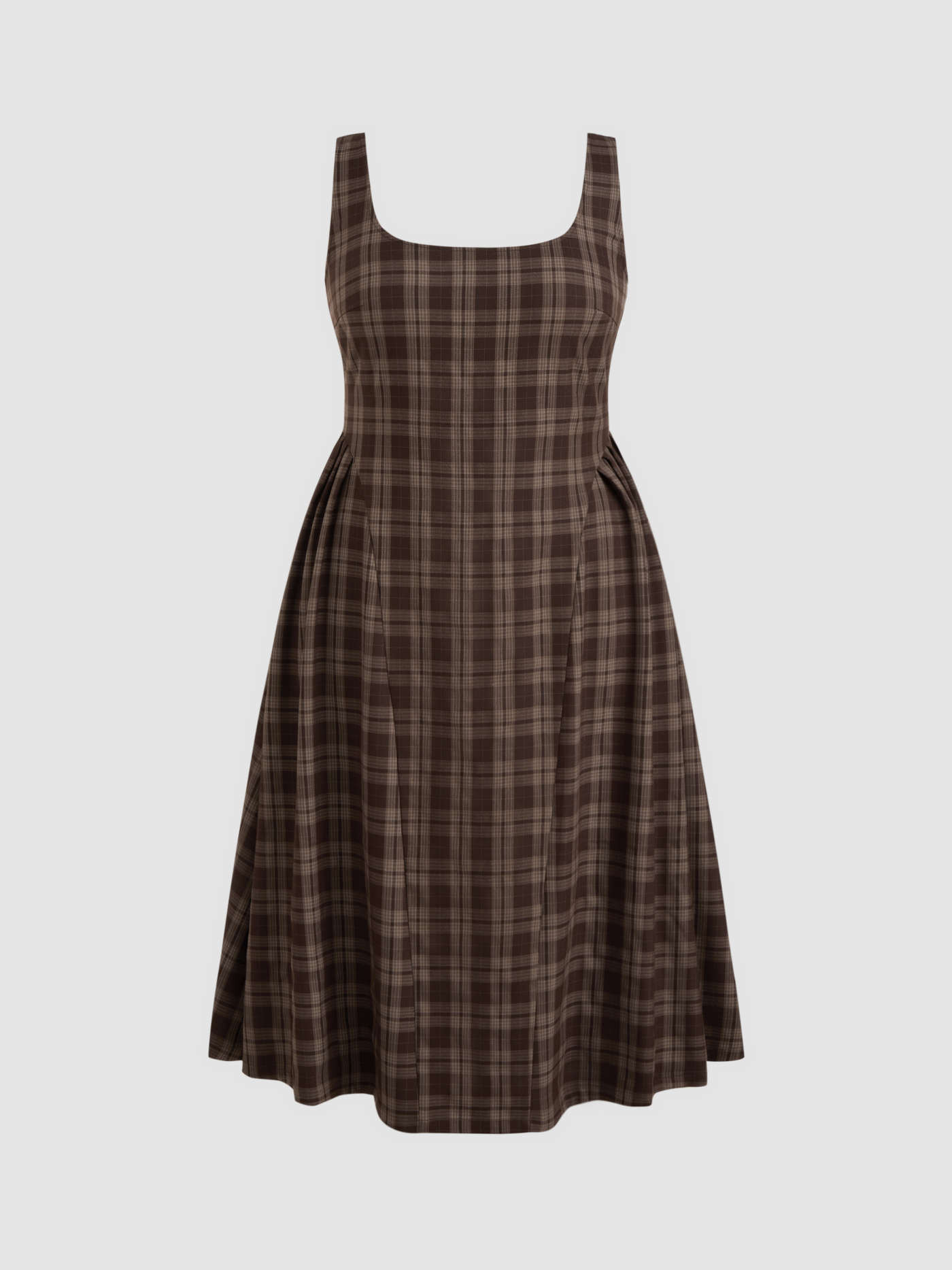 Woven Square Neck Check Pleated Zipper Maxi Dress Curve & Plus For Work | Cider