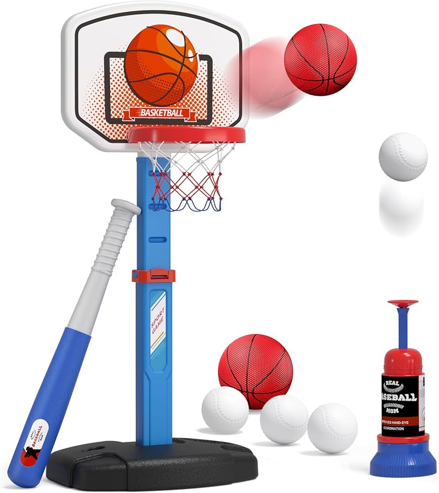 2 in 1 Kids Basketball Hoop and T Ball Set - Adjustable Height, Kids Baseball Tee with Automatic ... | Amazon (US)