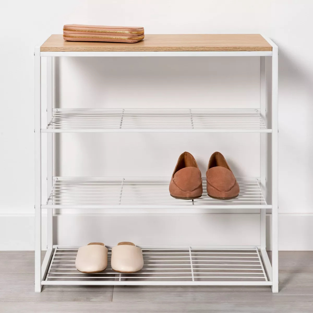 4 Tier Shoe Rack White Metal with Natural Wood - Brightroom™ | Target
