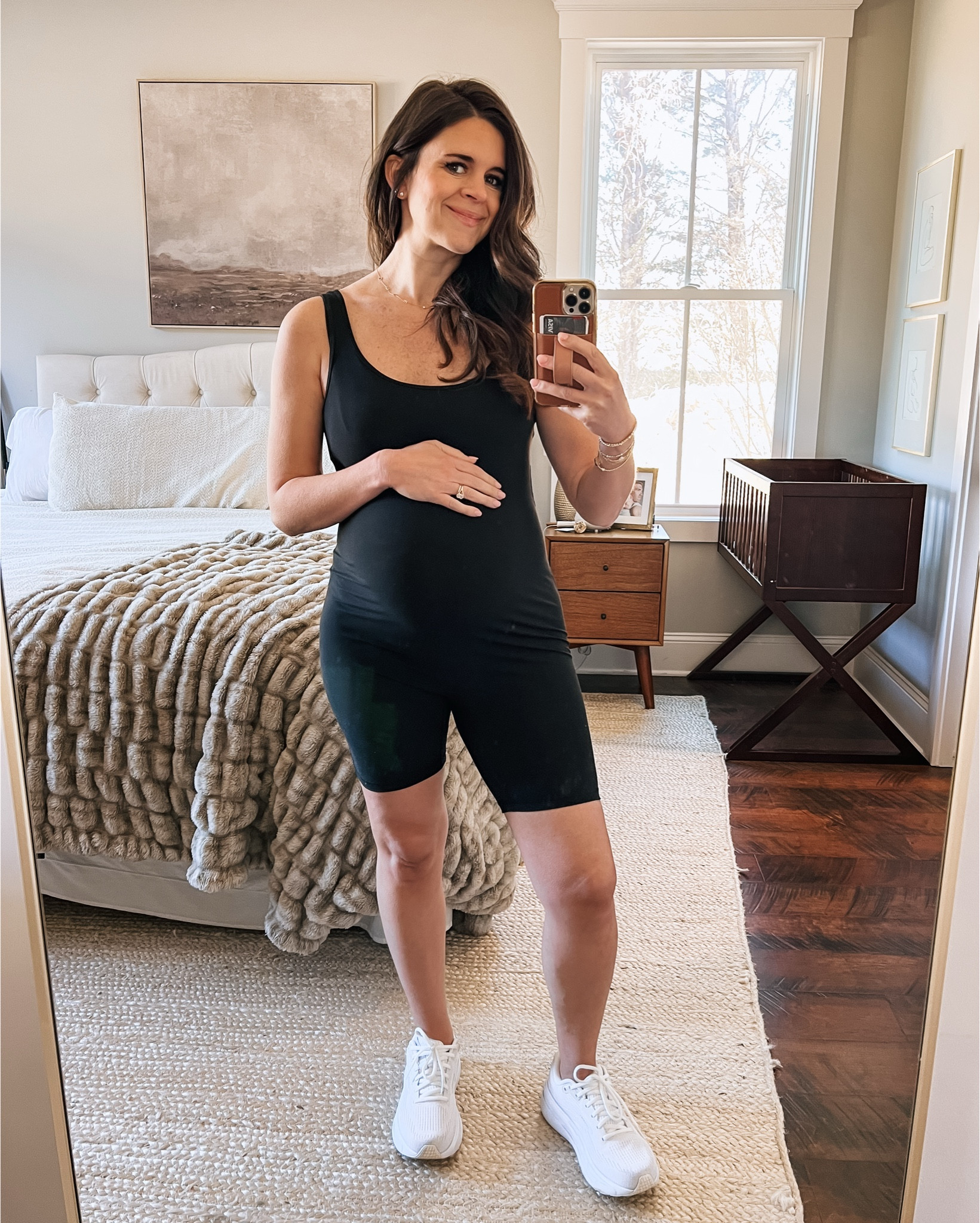 Love this unitard in the shorts version! Perfect for summer and I love to wear a little button down over it. This one is very light and airy. 
Brooks sneakers are 🤌