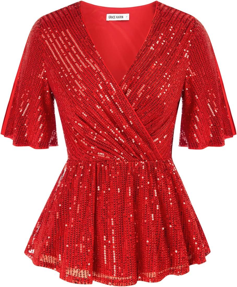 GRACE KARIN Womens Sequin Tops Sparkle Shimmer Ruffle Wrap Blouse Party Shirt V Neck Short Split ... | Amazon (US)
