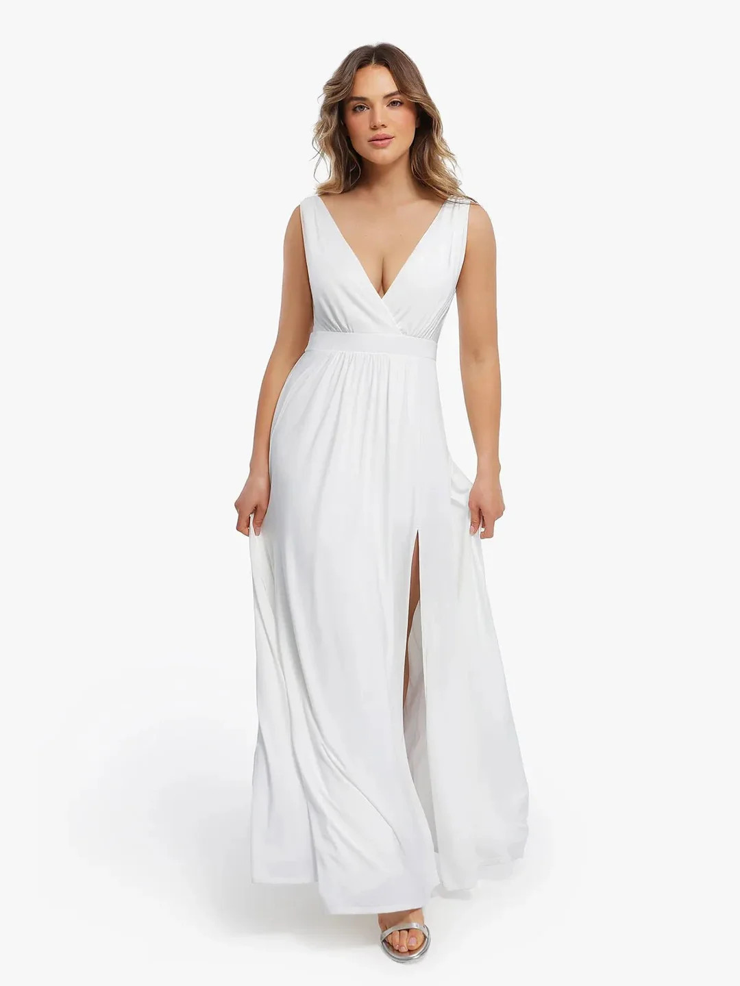 Shapewear Deep V-Neck Front Slit Goddess Maxi Dress | Popilush