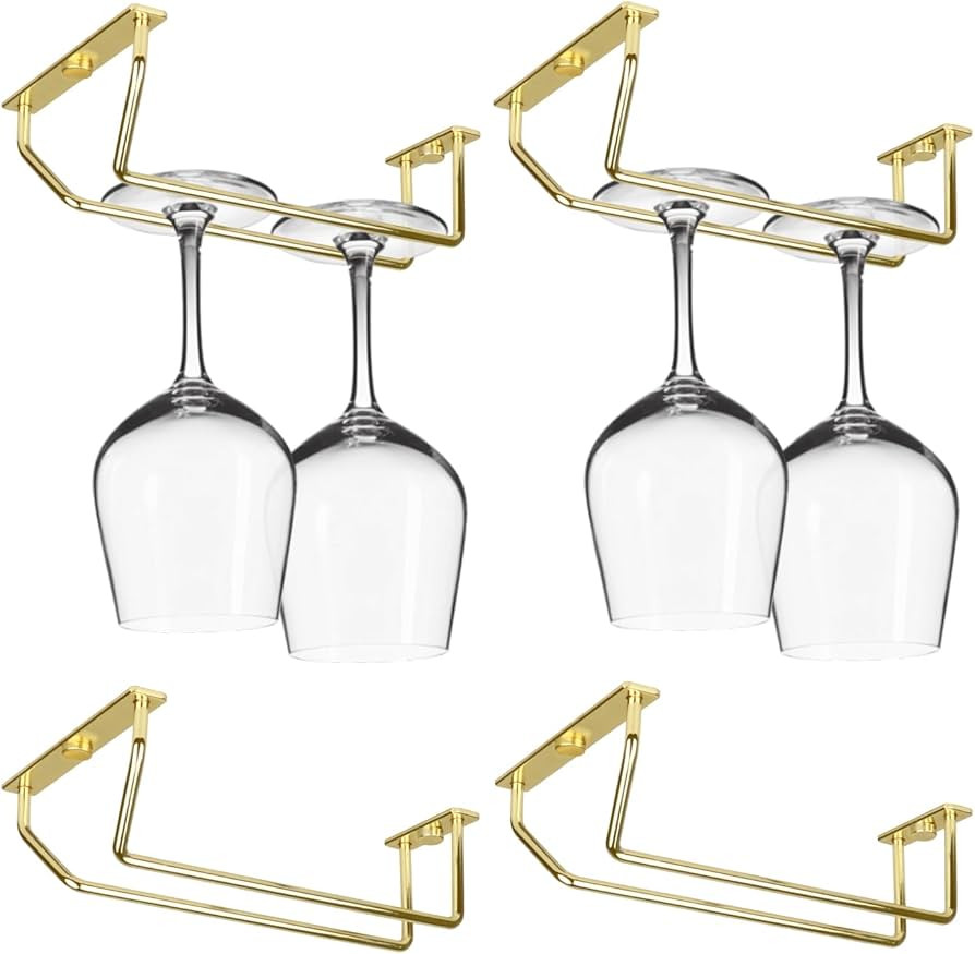 4 Pcs 7 Inch Gold Wine Glass Rack, Under Cabinet Wine Glass Holder, Metal Stemware Holder Wine Gl... | Amazon (US)