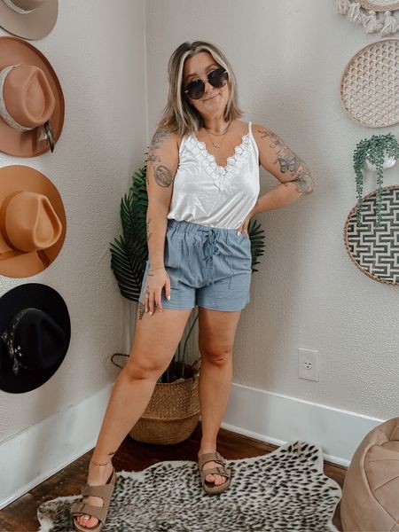 4th of July outfit idea - summer lake outfit - summer beach outfit - summer vacation outfit idea - casual summer outfit idea 

White lace tank (small) with blue linen like stretchy shorts (med) and brown two strap comfy sandals (TTS)

#LTKU #LTKshoecrush #LTKFind