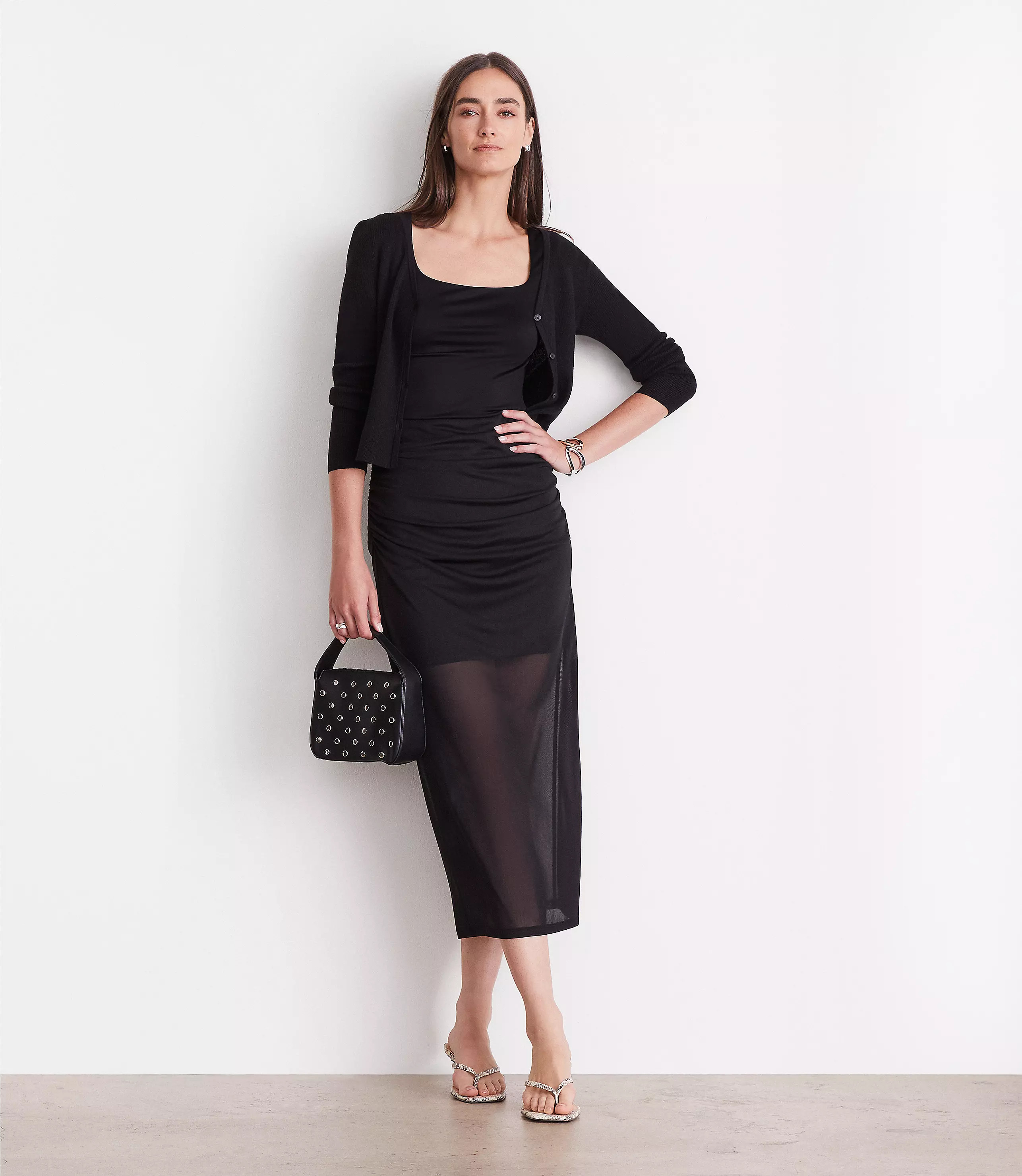 LOFT Versa Mesh Ruched Midi Skirt | LOFT
