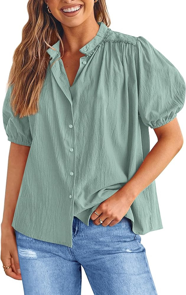 PRETTYGARDEN Womens Summer Button Down Short Lantern Sleeve V Neck Cotton Tops | Amazon (US)