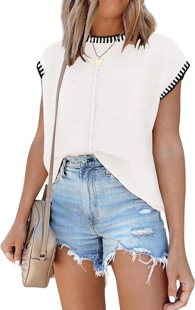 Waffle Knit Sweater Shirts for Women Cap Sleeve Summer Tops Basic Tank Tops | Amazon (US)