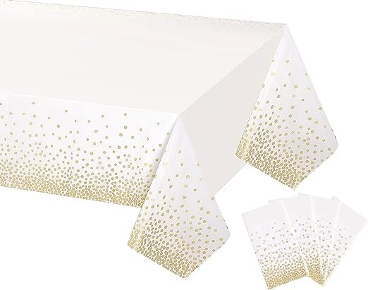 Gexolenu 4 Pack White and Gold Disposable Plastic Tablecloth for Rectangle Tables(54" x 108"), Di... | Amazon (US)