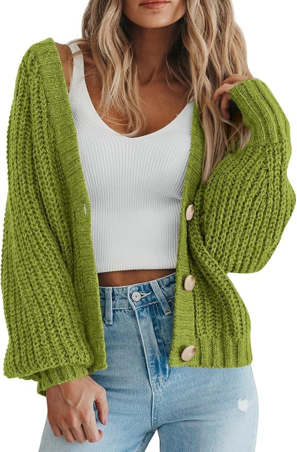 V Neck Button Loose Short Cardigan Outerwear Coats, Slouchy Drop Shoulder Loose Cute Sweaters, Fa... | Amazon (US)