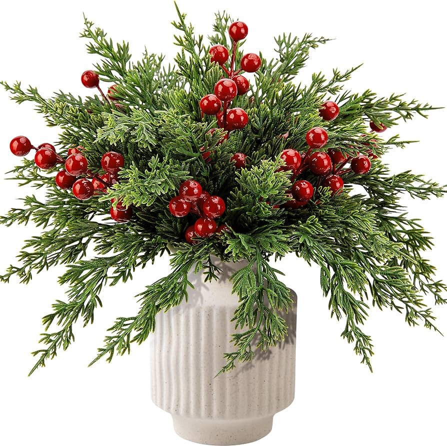 Watayo 60 Pcs Christmas Artificial Pine Branches with Red Berry Stems, 10.5" Faux Evergreen Norfo... | Amazon (US)