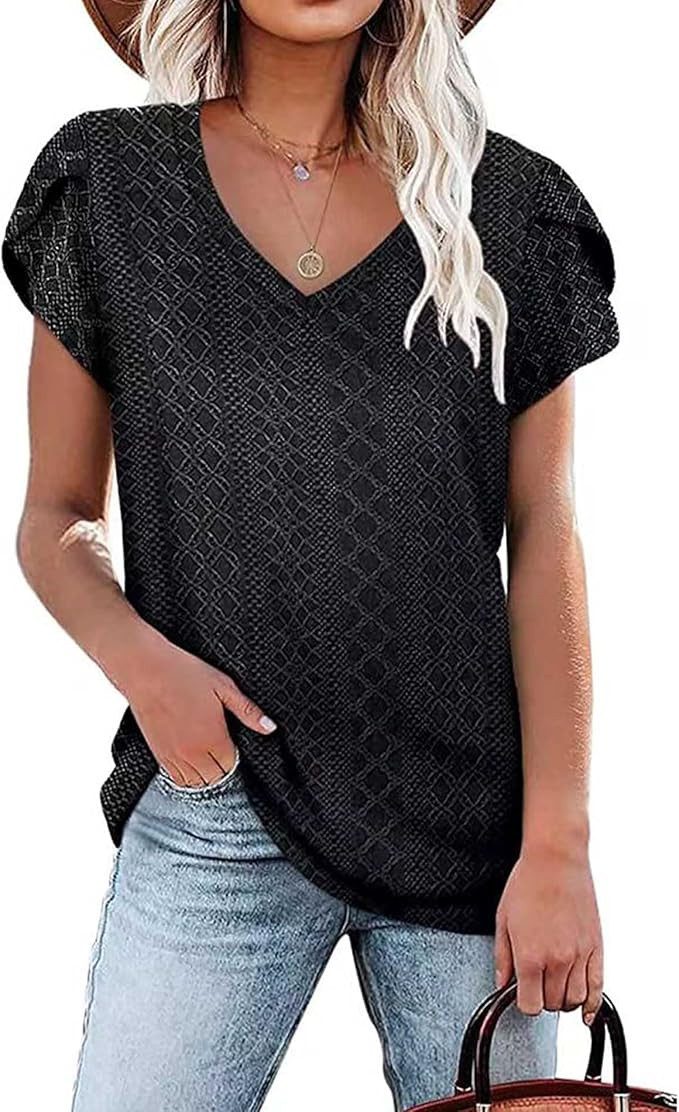 SOMTHRON Women's Summer V Neck T-Shirt Eyelet Petal Sleeve Loose Casual Dressy Shirt Tunic Tops B... | Amazon (US)