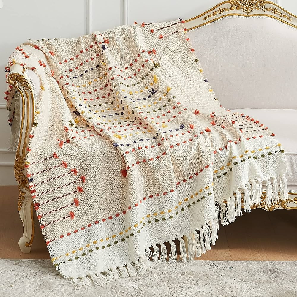 Amélie Home Boho Throw Blanket for Couch, Bohemian Decorative Woven Blanket, Handmade Colorful S... | Amazon (US)