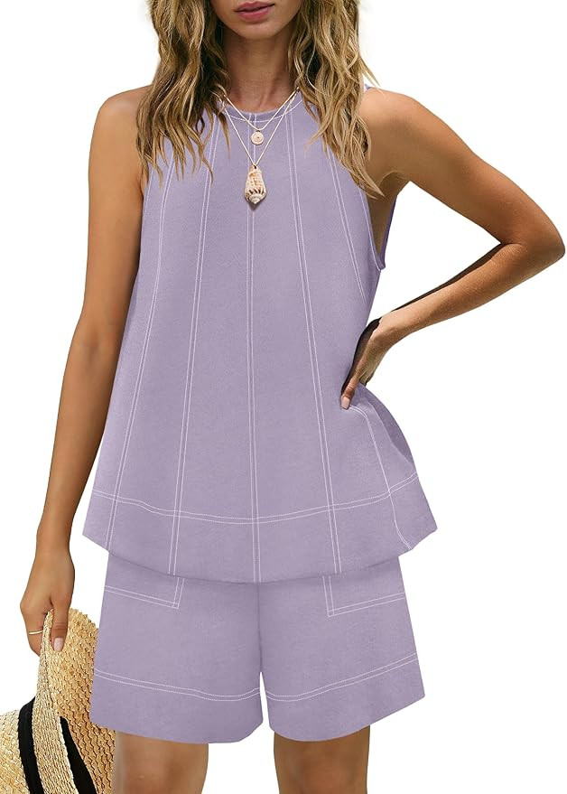 Panadila Womens Summer 2 Piece Sets Beach Vacation Outfits High Neck Tank Top and Shorts Set Reso... | Amazon (US)