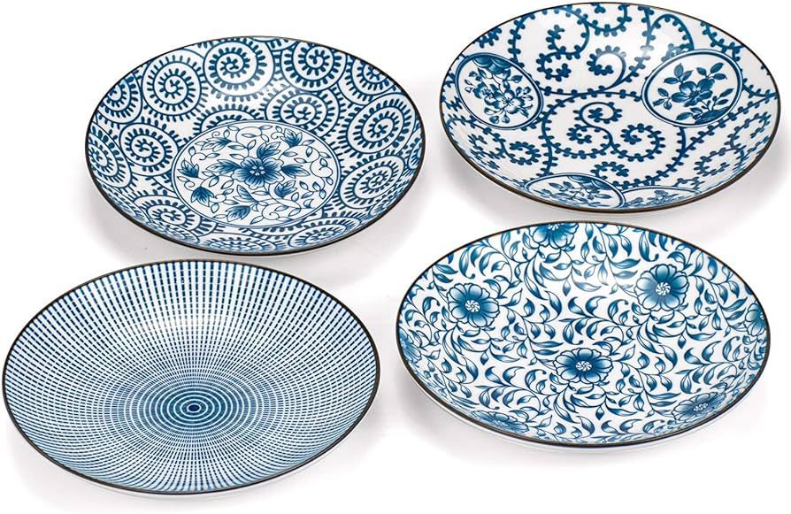 Foraineam Set of 4 Blue and White Porcelain Serving Plates Floral Dinner Shallow Plates Appetizer... | Amazon (US)