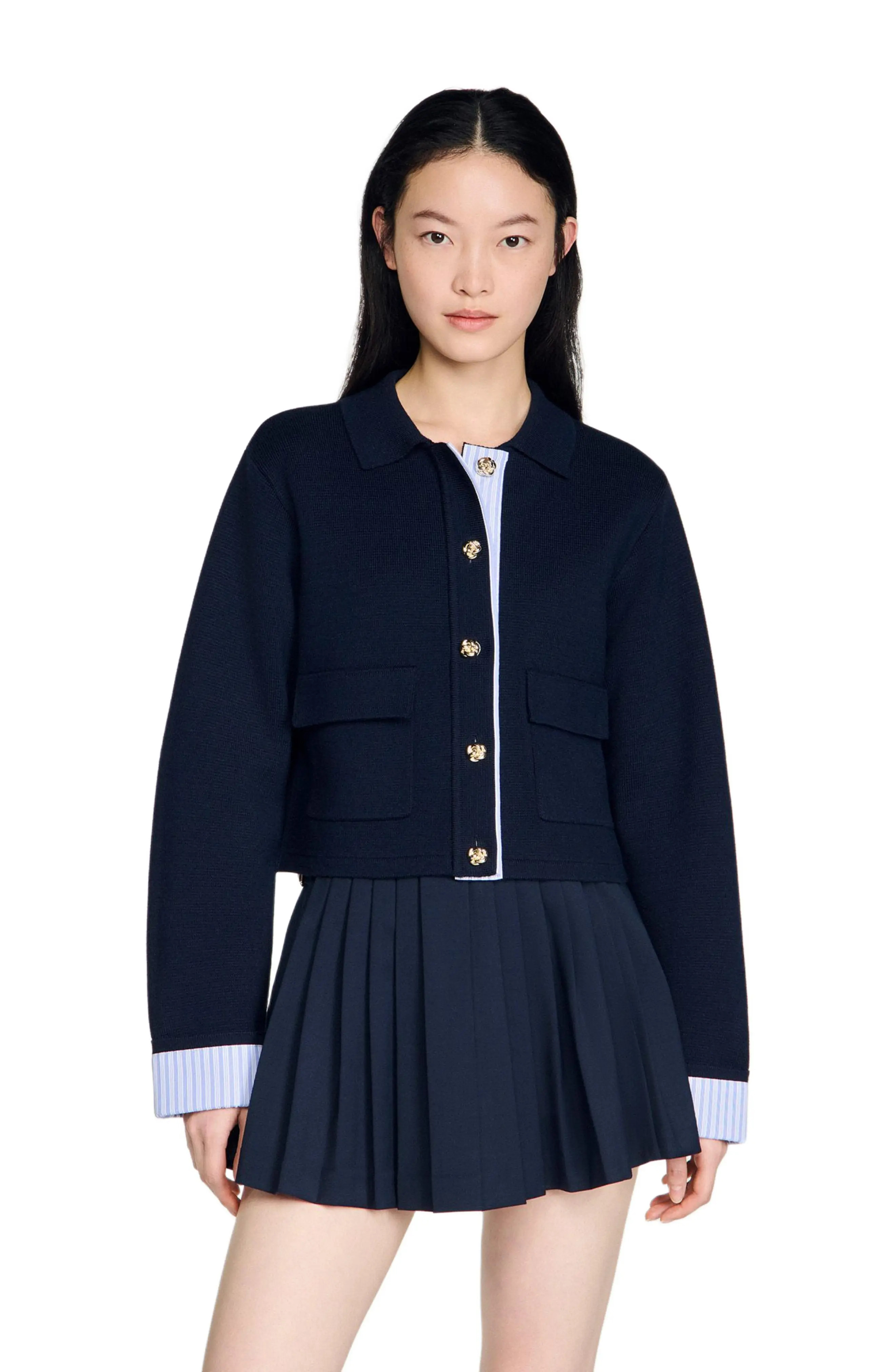 SANDRO Polo cardigan with poplin details in Ecru at Nordstrom, Size Large | Nordstrom