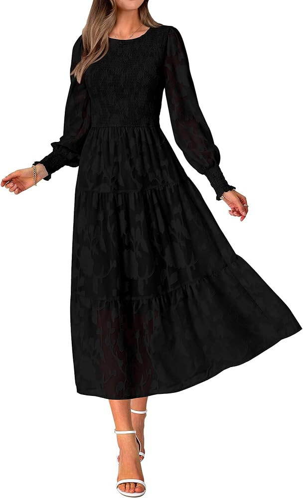 BTFBM Casual Women's 2023 Fall Dresses Elegant Wedding Guest Dress Long Sleeve Floral Midi Dress ... | Amazon (US)