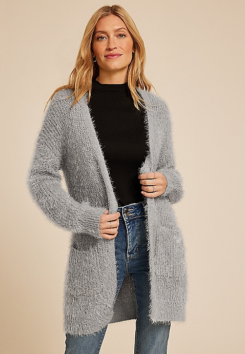 Eyelash Open Front Long Cardigan | Maurices