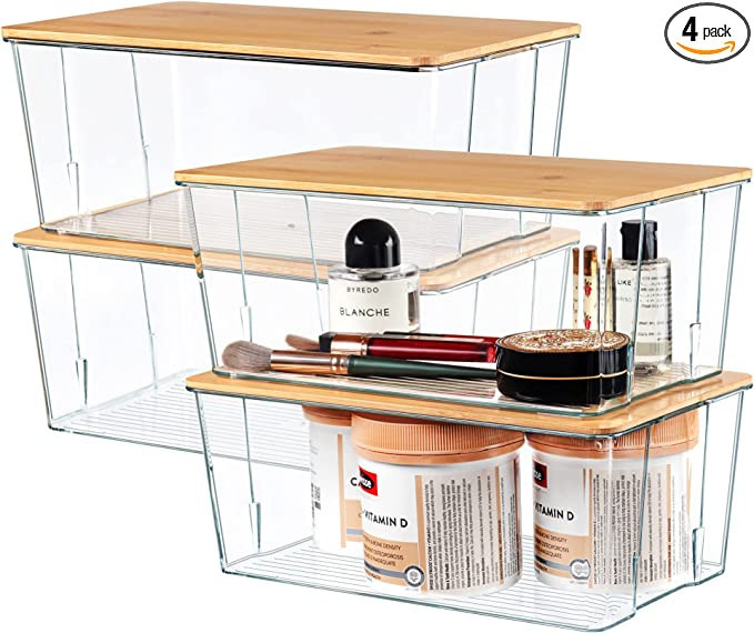 Amazon.com: Hudgan Clear Plastic Storage Organizer Bins with Bamboo Lids for Home Office, Kitchen... | Amazon (US)