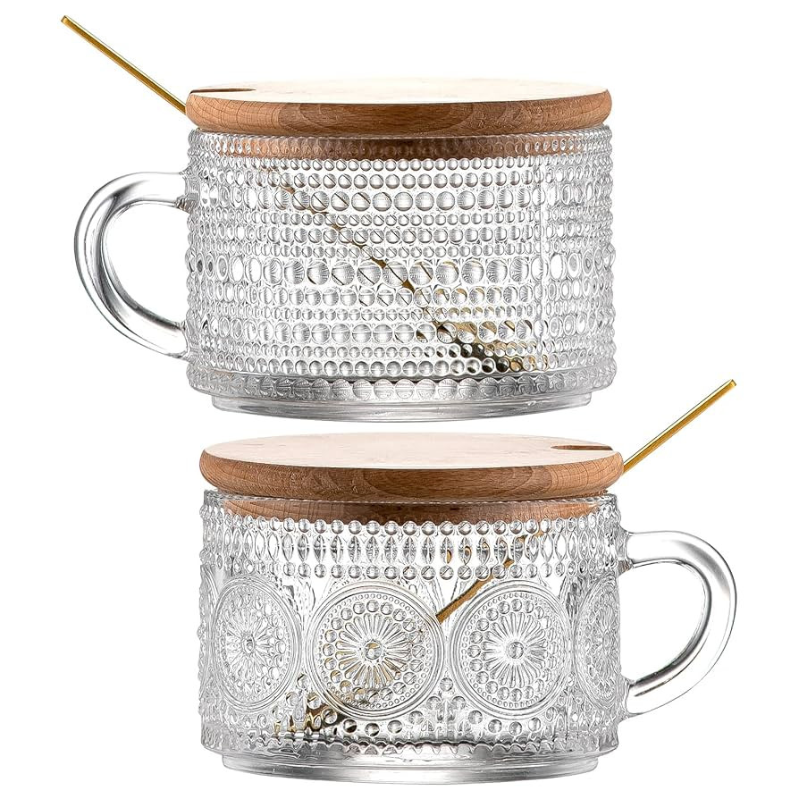 Gezzeny Vintage Glass Coffee Mugs with Wooden Lids 14 Oz Set of 2 Embossed Tea Cups for Cappuccin... | Amazon (US)