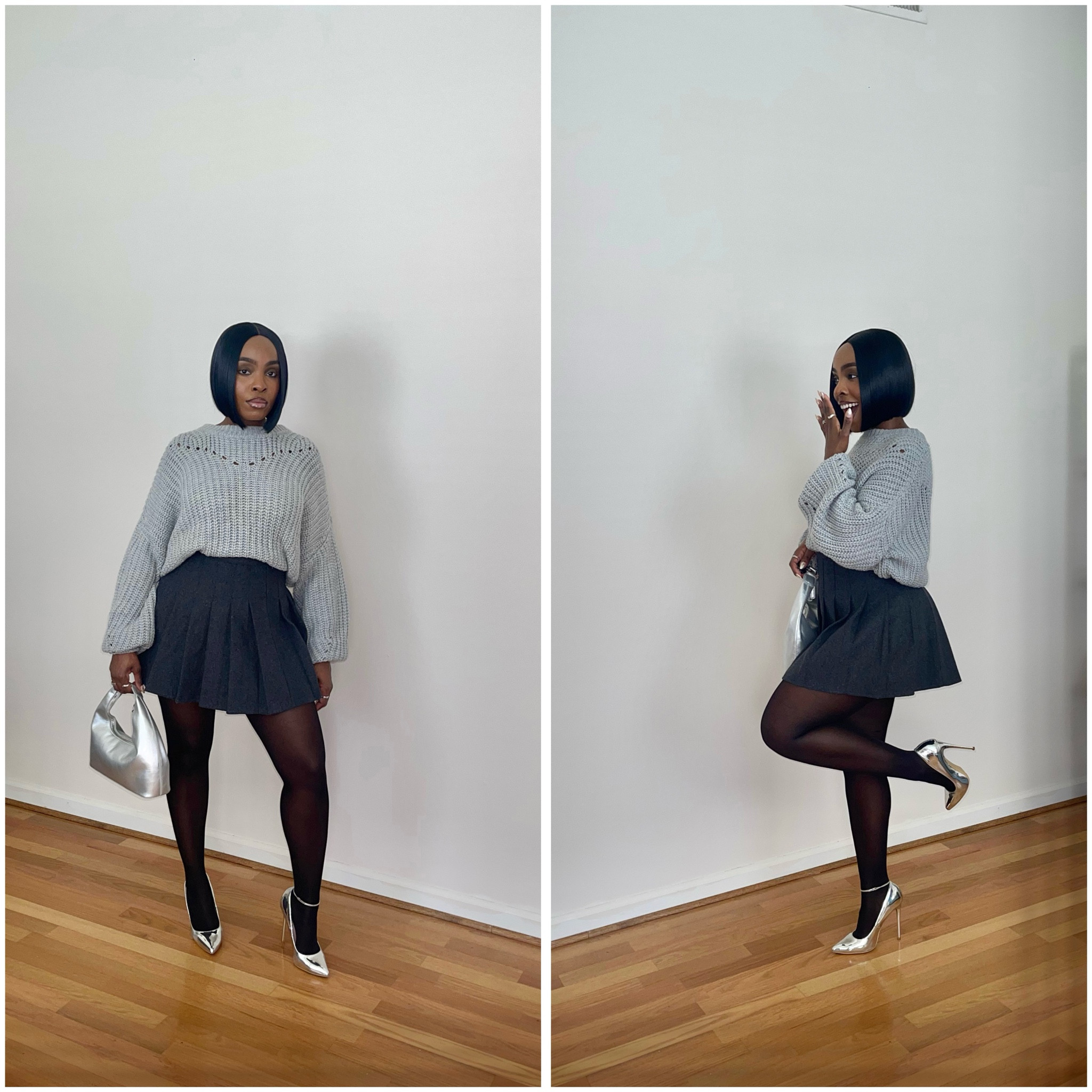 Fall outfit with tights, pleated skirt, grey fashion, chrome pumps, wool skirt, chunky knit sweater
